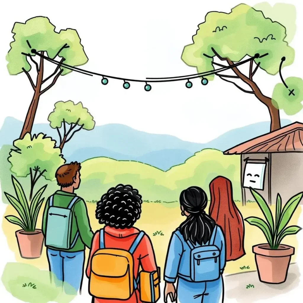 Network connector: Develop personalized recruitment outreach strategies 1 Three diverse individuals facing a serene landscape with trees and string lights.