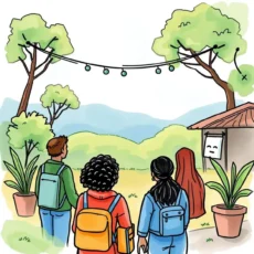 Three diverse individuals facing a serene landscape with trees and string lights.