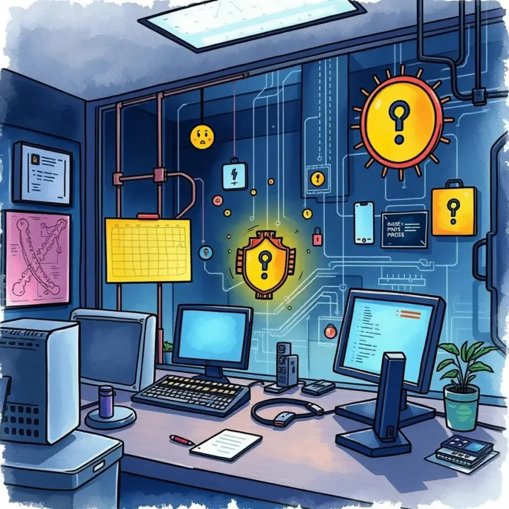 Breach documentation assistant: Assist in documenting breach details and findings 1 A modern IT workspace illustrating cybersecurity tools and breach documentation elements focusing on network security management