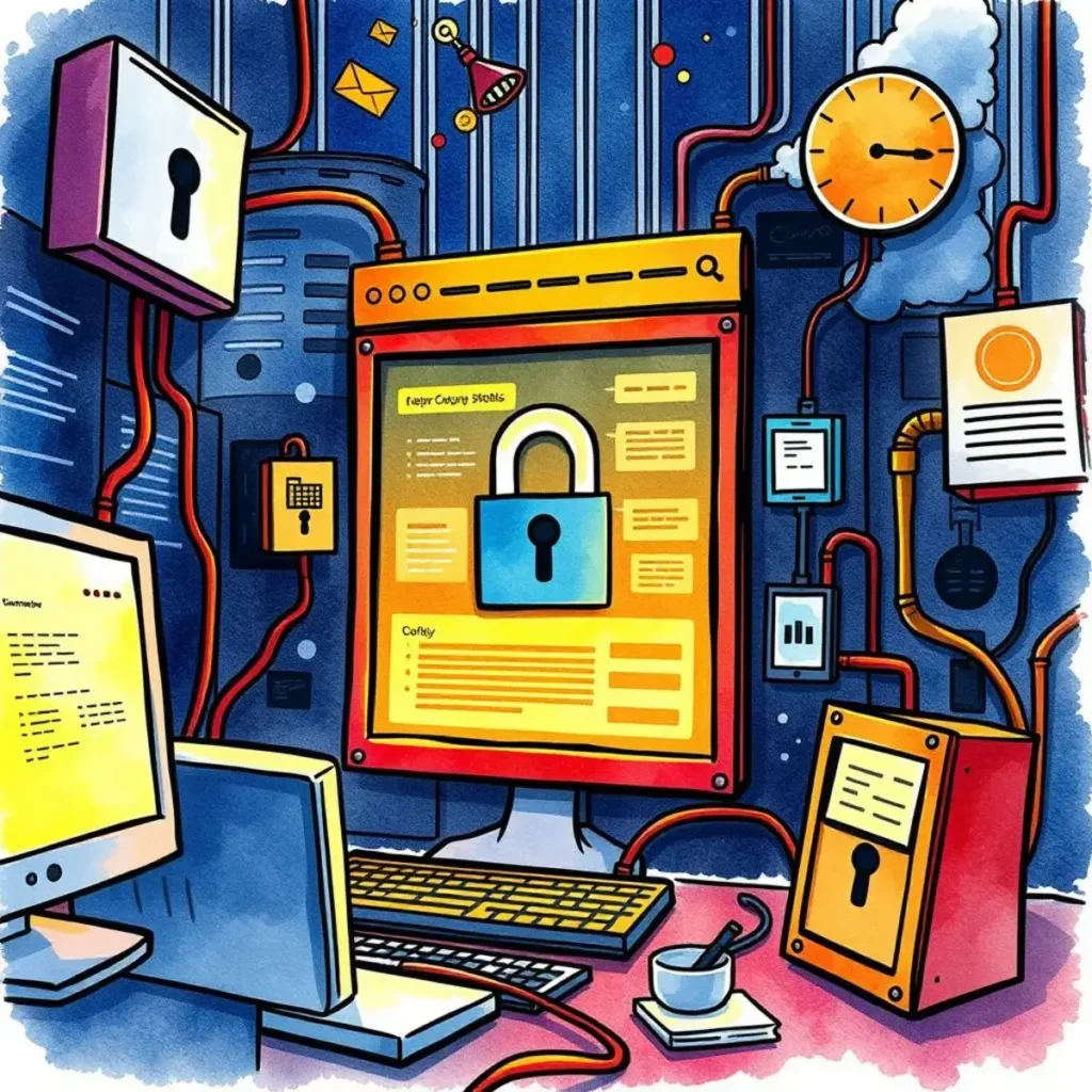 Risk assessment summarizer: Summarize potential risks from incidents quickly 1 A digital illustration of a secure IT workspace focused on network security management with devices and locks