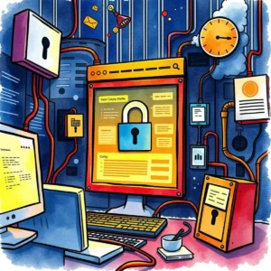 A digital illustration of a secure IT workspace focused on network security management with devices and locks