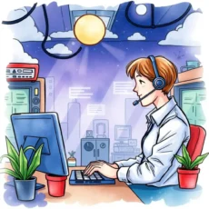 A user support specialist assisting with a diagnostic guide creator tool at a workstation.