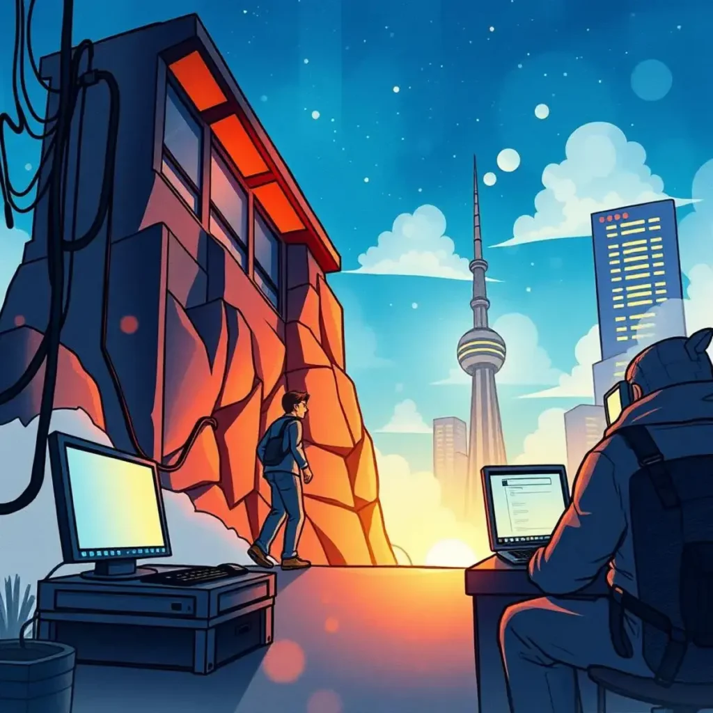 Incident metrics report creator: Generate reports on incident metrics and trends 1 A technician analyzing incident metrics against a city skyline backdrop.