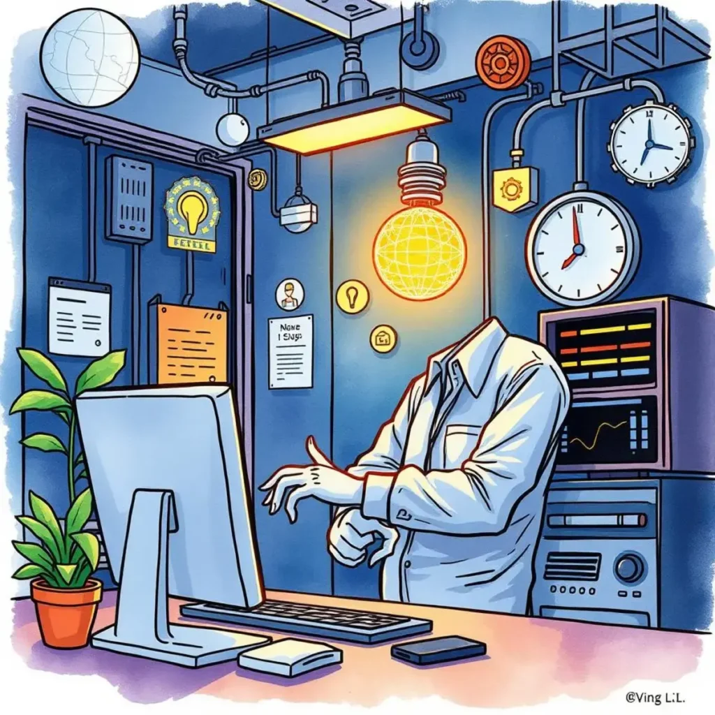 Incident report summarizer: Summarize user-reported incidents efficiently 1 Headless technician summarizing incidents in a high-tech it environment.