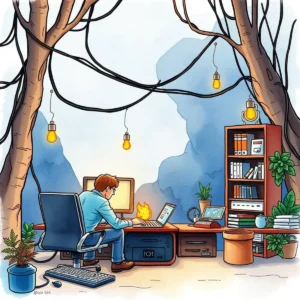 A person at a desk using a laptop and monitor with a burning document, surrounded by plants and bookshelves.