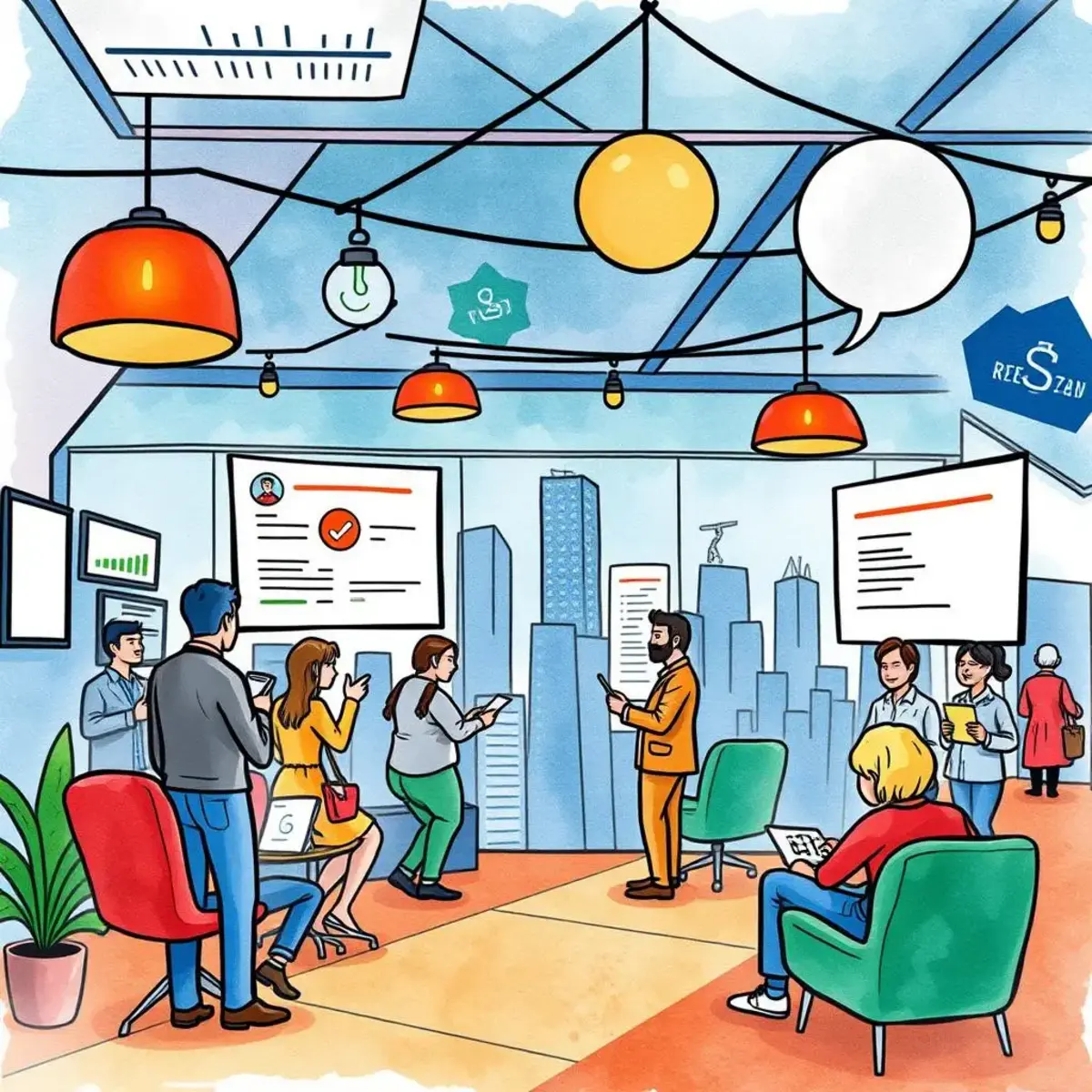 Contact 1 Business professionals engaging in networking at a conference, using a digital tool for business cards