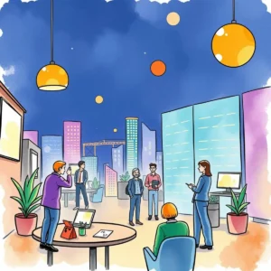 Networking follow-up email generator tool illustrated in a vibrant urban setting with people engaged in conversation