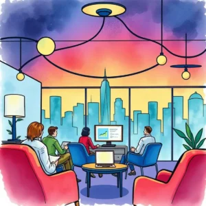 Networking professionals discuss objectives in a modern office with a city skyline view.