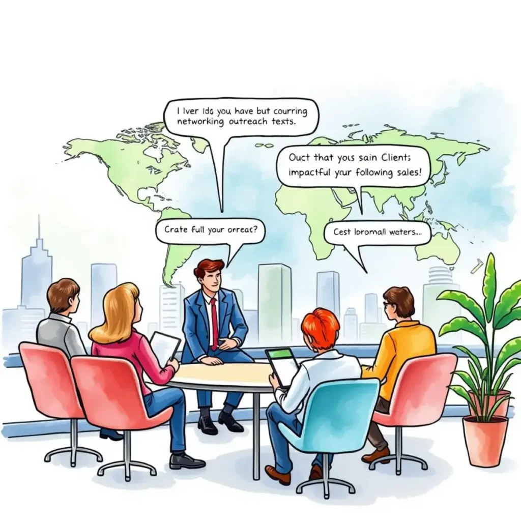 Networking message generator: Create impactful networking outreach texts 1 Professionals discussing effective networking outreach strategies together.