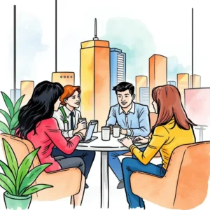 Networking professionals engage in a collaborative discussion in a modern office setting