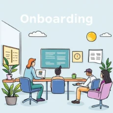 Illustration of a team in a modern onboarding meeting.