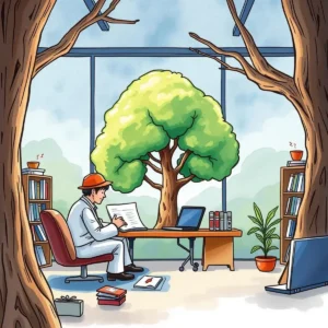 A professional reviewing documents in an innovative workspace with a tree and bookshelves.
