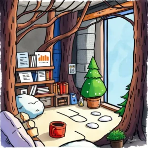 Cozy workspace illustration featuring a tree shelf, books, and a cup, symbolizing data management.