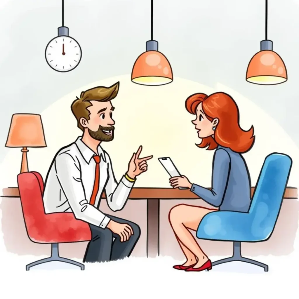 Two professionals discussing job offers in a modern office setting.