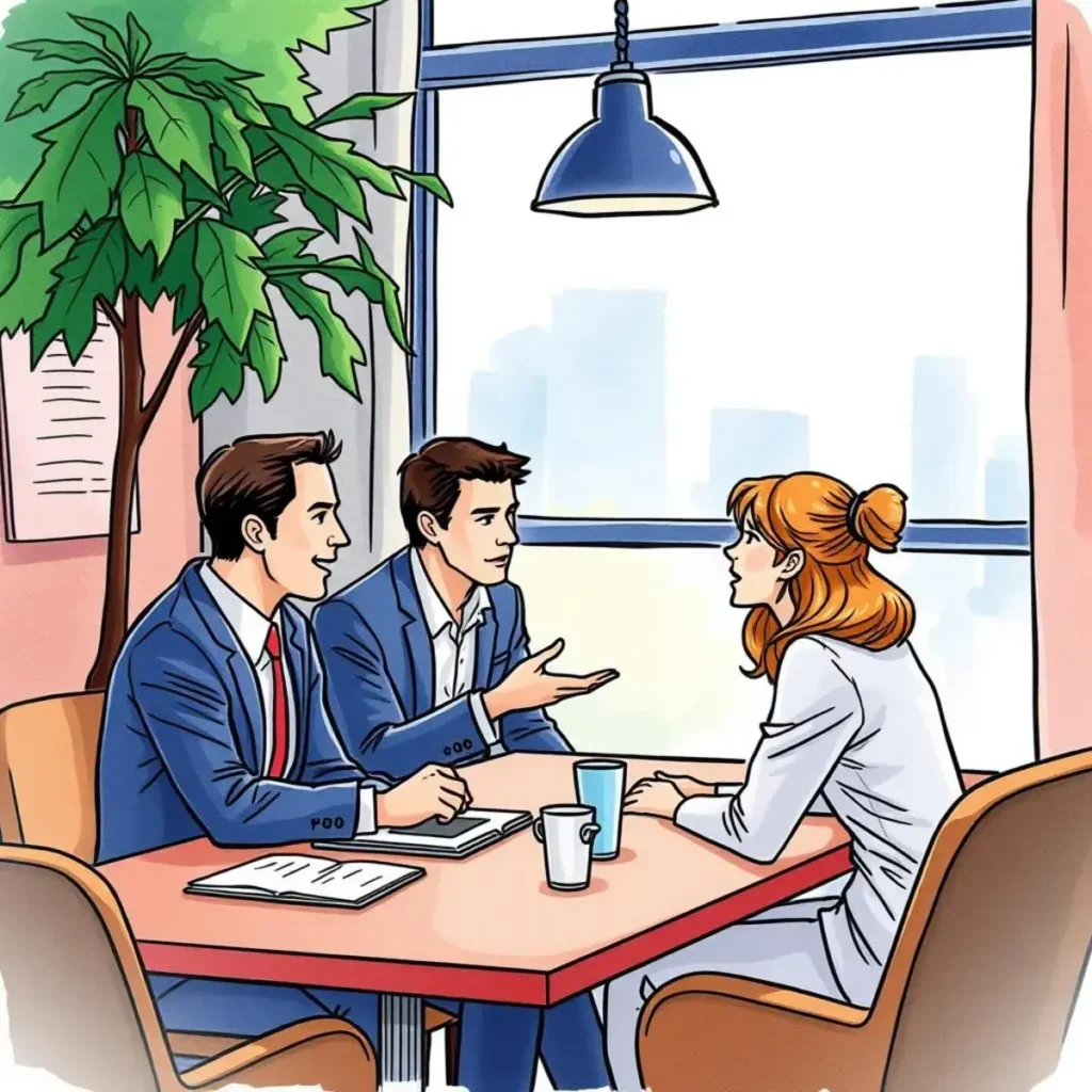Offer feedback collector: Gather and analyze candidate feedback on offers 1 Three professionals discussing job offers in a bright office setting.