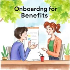 Two hr professionals discussing benefits onboarding options in an office.