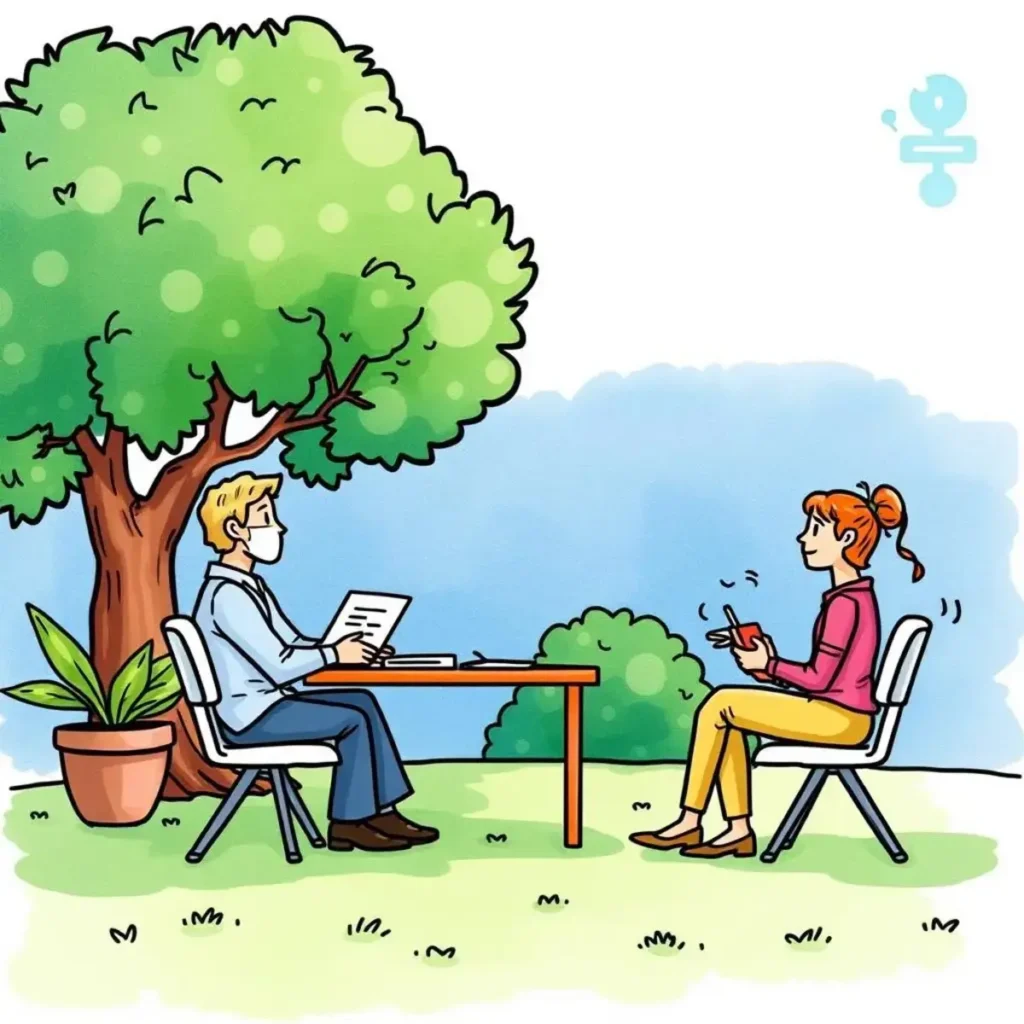 Election record creator: Document and manage employee benefits selections 1 Two professionals discussing employee benefits under a tree outdoors.