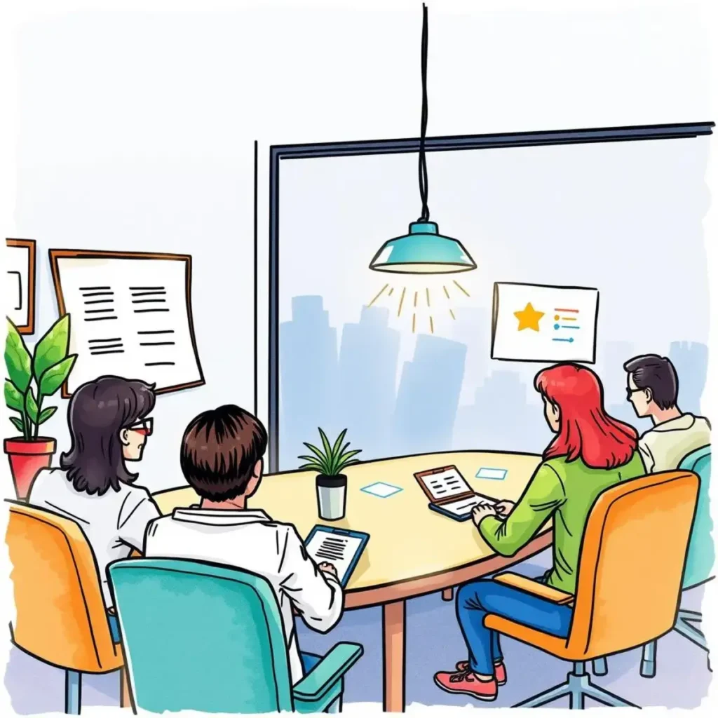 Onboarding reflections generator: Produce insights from onboarding reviews 1 Onboarding reflections generator meeting with team members discussing insights from reviews