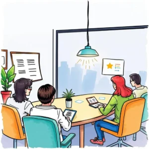 Onboarding reflections generator meeting with team members discussing insights from reviews