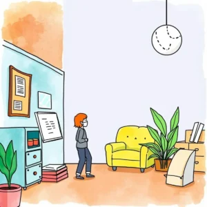 Illustration of an inviting onboarding environment with bright colors and plants.