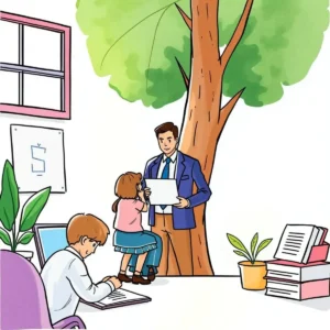 Open enrollment feedback survey creator: Generate surveys to collect employee feedback on benefits 4 Employee discussing benefits feedback with HR staff in a colorful office setting.
