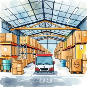 Visual representation of a warehouse with organized storage and a delivery truck.