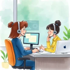 Two customer service representatives discussing feedback while analyzing data on a computer.