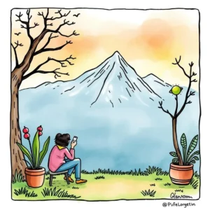 Opinion synthesizer: Create a summary of user suggestions 4 Person sitting peacefully, contemplating user suggestions against a scenic mountain backdrop.