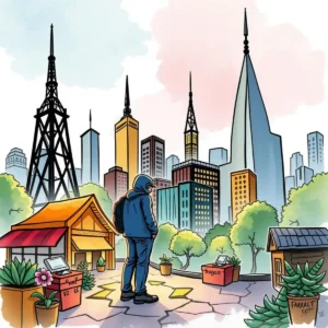 A person in a hoodie faces a vibrant city skyline, symbolizing market evaluation.