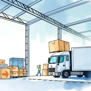 A worker inspecting boxes in a logistics warehouse with a delivery truck and stacked cartons.