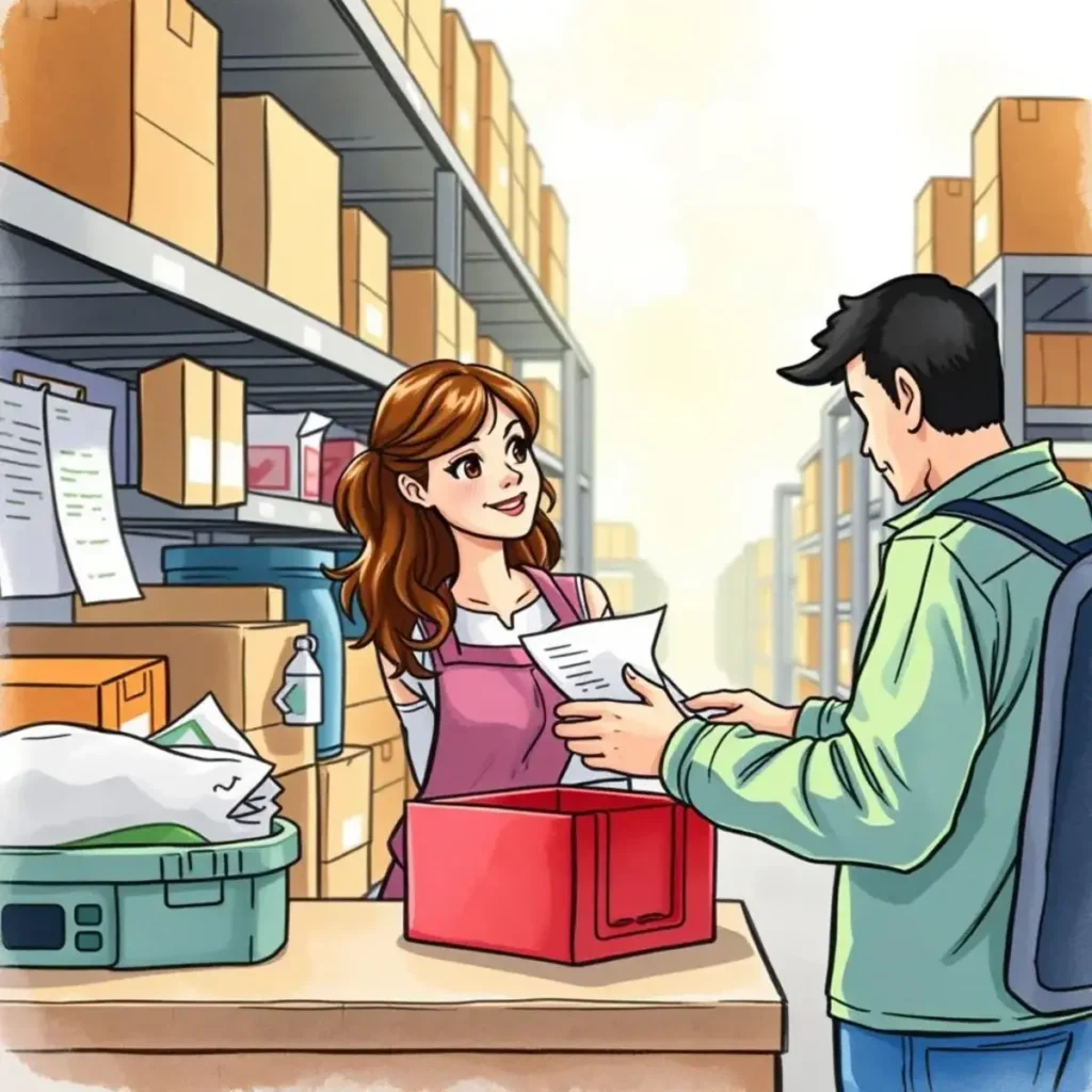 Order verification assistant: Validate order information for accuracy and completeness 1 Woman assisting a customer with order verification in a warehouse setting.