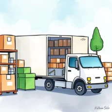 White delivery truck beside stacked boxes and warehouse shelves.