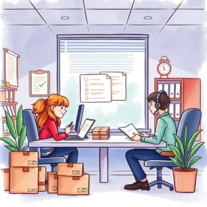 Two customer service representatives discussing order tracking tips in an office.