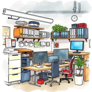 Organized station layout assistant: Suggest optimal layouts for organized workstations 4 Organized workstation layout showcasing efficient storage and clean design.