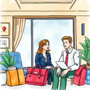 Two professionals discussing travel arrangements in a modern office setting.