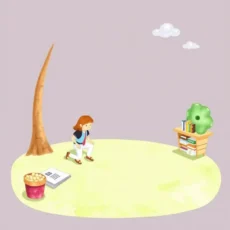 Character creating orientation documents in a serene, workspace setting.