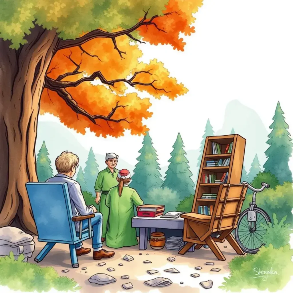 Outcome evaluator: Assess outcomes and provide concise evaluations of tests 1 A group discussing evaluations outdoors, surrounded by trees and autumn colors.