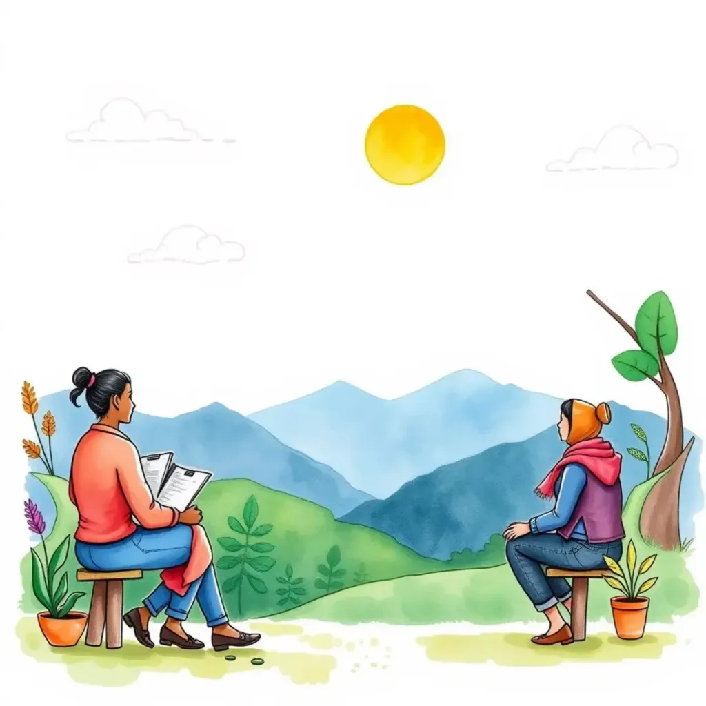 Outcome measurement text tool: Extract key outcomes from CSR narratives 1 A serene scene of two women seated outdoors, engaged in discussion amidst a natural landscape.