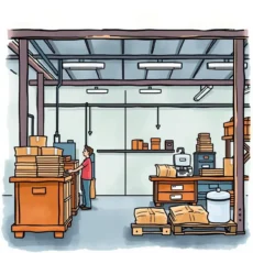 Manufacturing workspace with metrics summary tools for production efficiency.