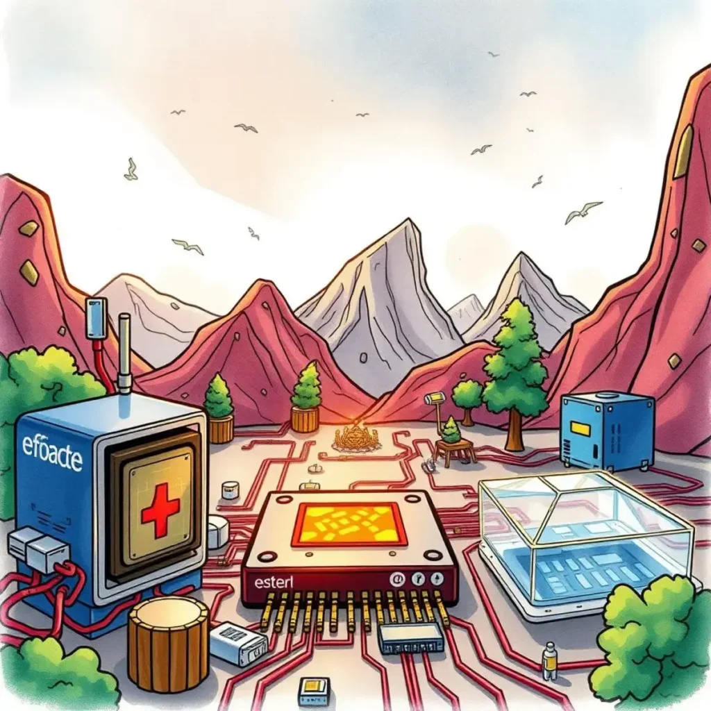 Packaging design ideation assistant: Generate new ideas for innovative packaging designs 1 Innovative landscape illustrating semiconductor design and packaging concepts.