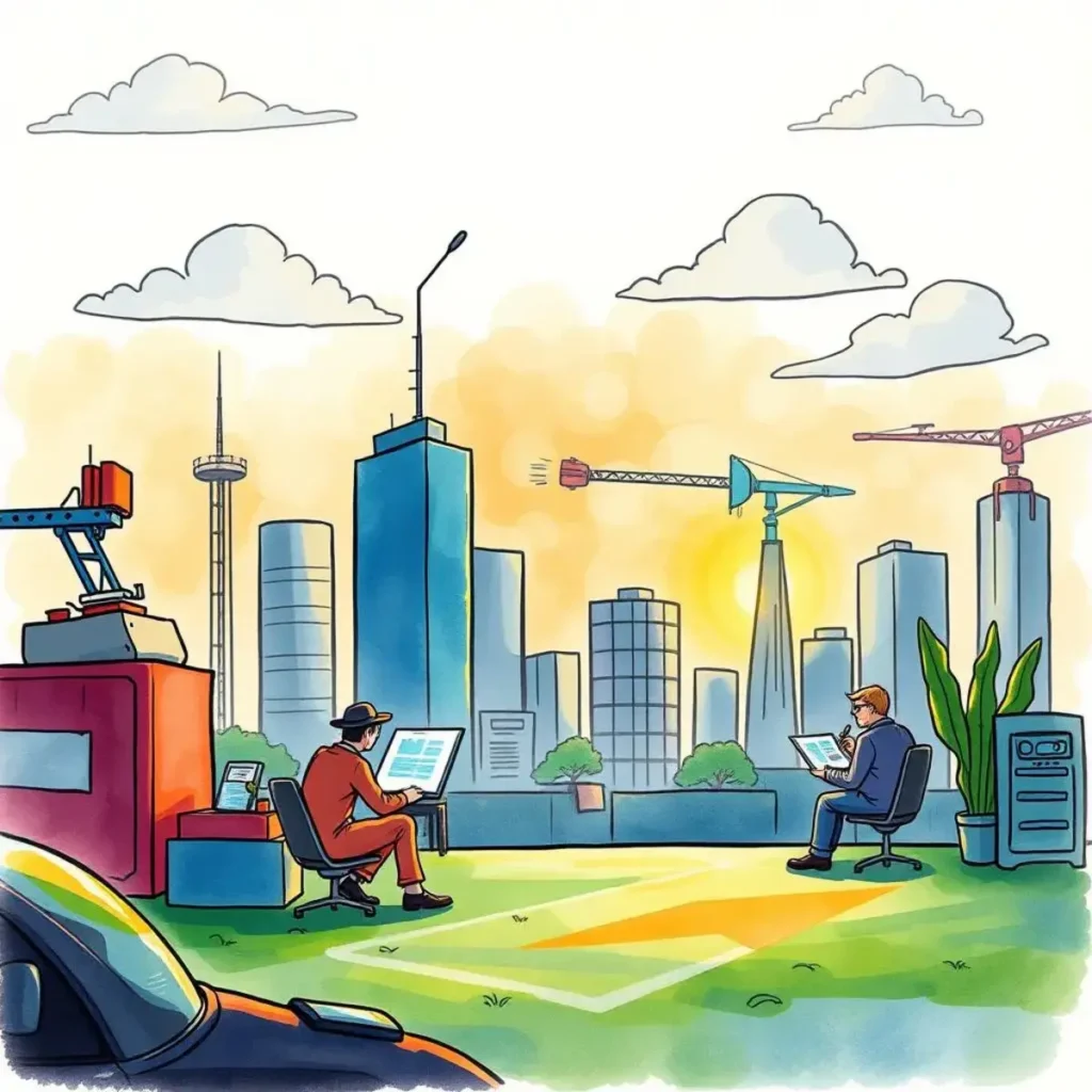 Pain point identifier: Highlight challenges faced by clients from provided text 1 A professional workspace depicted outdoors with two analysts reviewing data against a city skyline