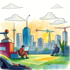 A professional workspace depicted outdoors with two analysts reviewing data against a city skyline