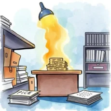 Illustration of paperwork being efficiently destroyed under a strong lamp.