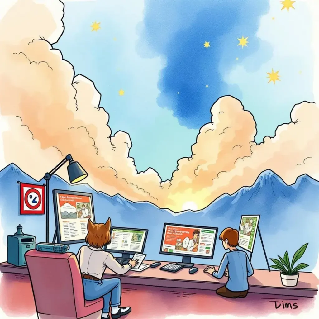 Two individuals using computers while creating content in a vibrant workspace.