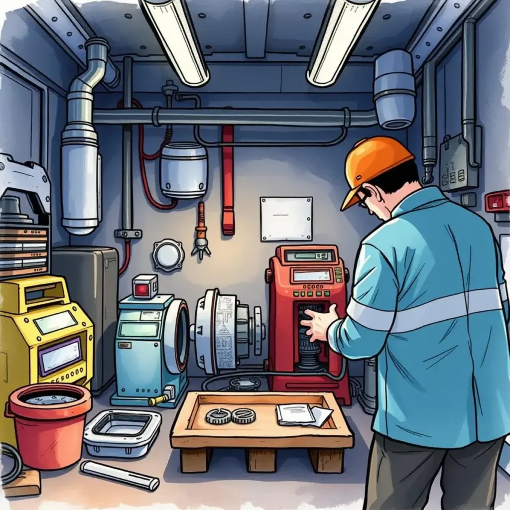 Part compatibility checker: Verify compatible parts for reassembly 1 Technician assessing machinery parts in a well-equipped workshop.