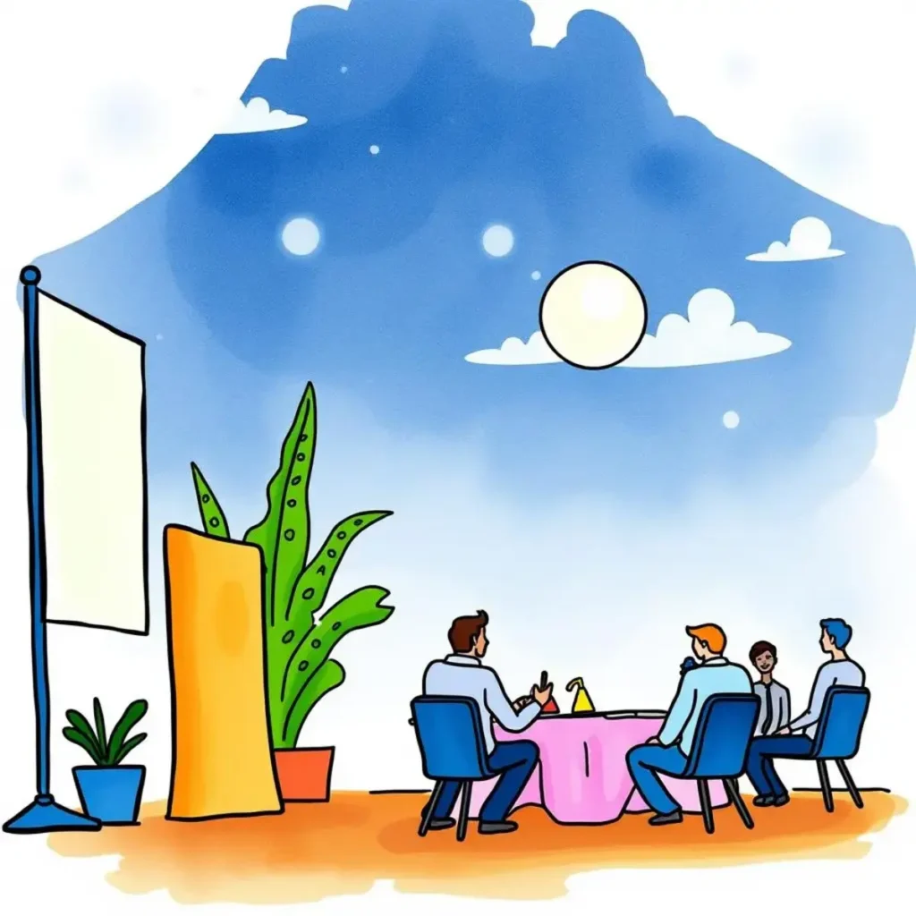 Partner acknowledgment letter generator: Generate formal thank-you letters for partners 1 Partner acknowledgment letter generator meeting with professionals discussing post-event evaluations.