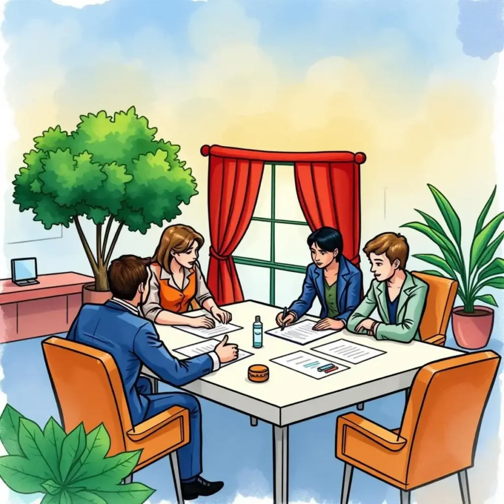 Business professionals discussing and drafting partnership agreements at a meeting.