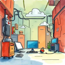 Illustration of an it workspace with computers and security equipment.