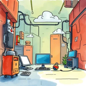 Patch prioritization advisor: Generate insights for prioritizing patch deployment 5 Illustration of an it workspace with computers and security equipment.