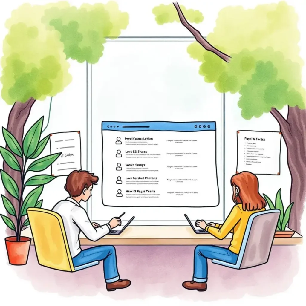 Employee feedback summarizer: Summarize feedback for payroll-related issues 1 Two hr professionals discussing payroll feedback in a modern workspace.
